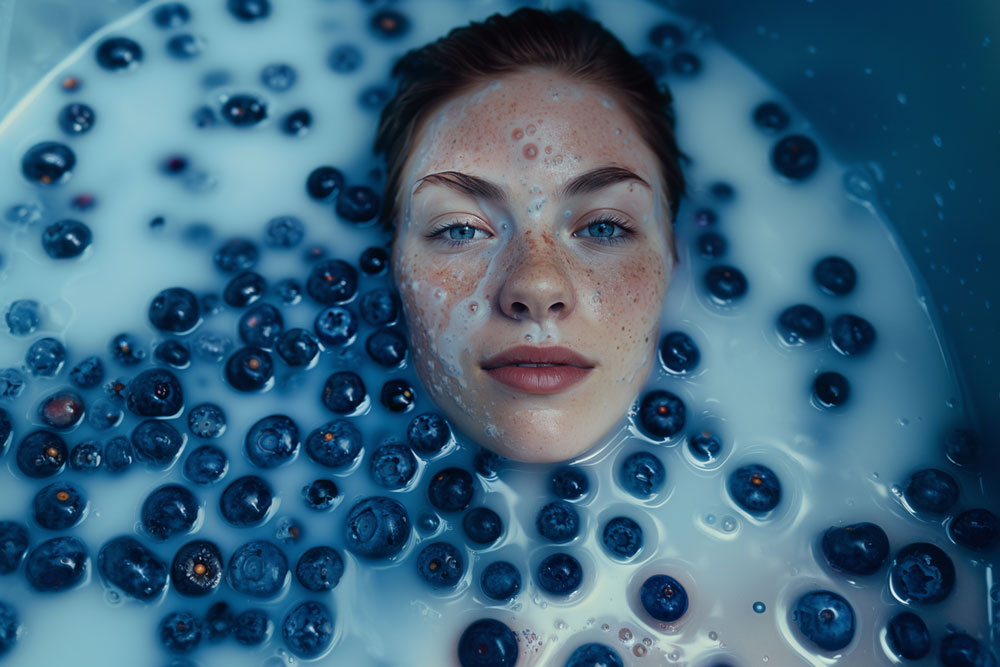 Face in milk bath with blueberries