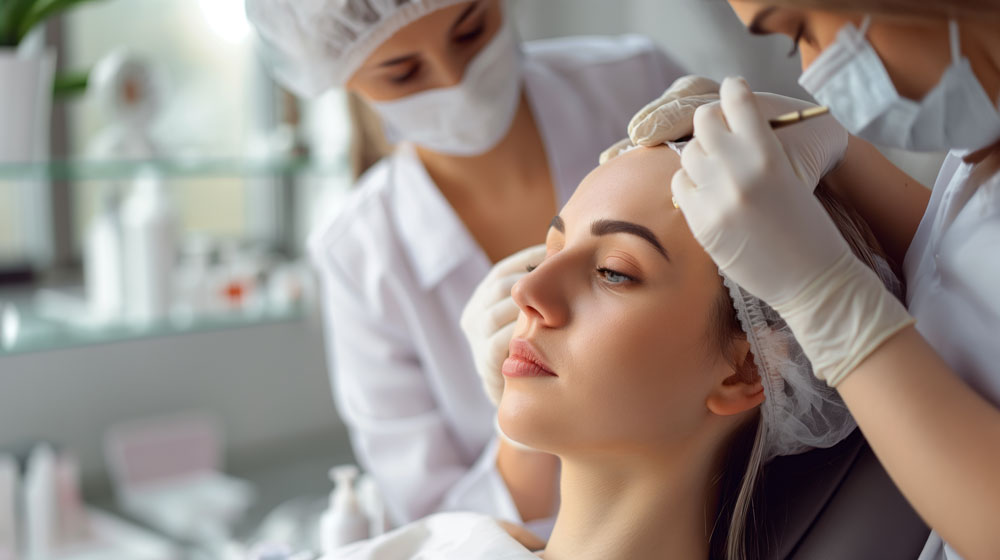 Woman receiving beauty treatment from professionals
